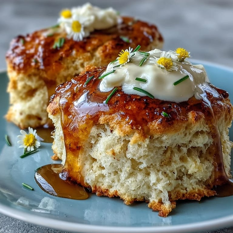 Soft, tender scones sweetened with floral dandelion honey, served with a generous dollop of rich clotted cream on the side.
