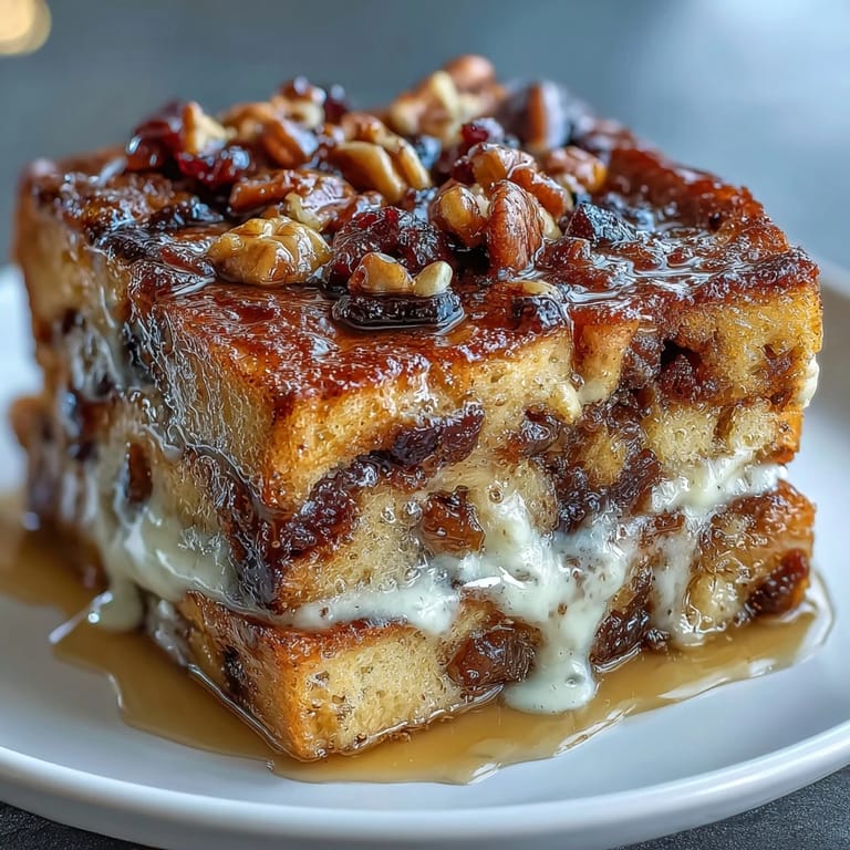 Classic Capirotada layered with piloncillo syrup, cinnamon, raisins, and cheese, topped with crunchy nuts and baked until bubbly.