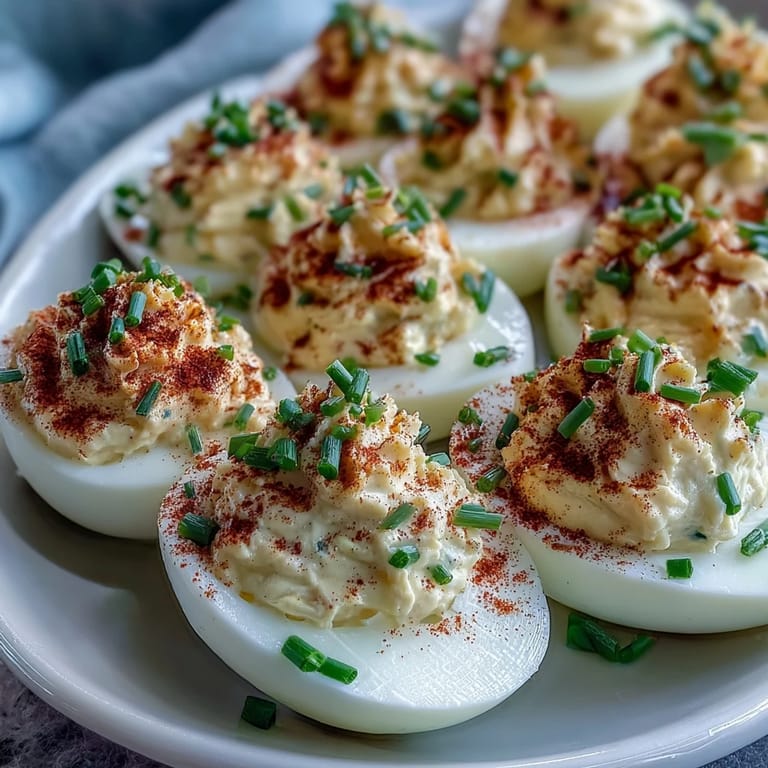 Easy deviled eggs with tangy filling, garnished with paprika and chives for color.