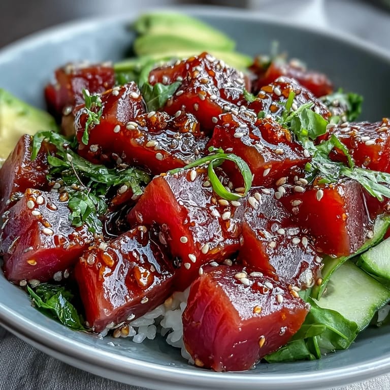 Artfully arranged Spring Tuna Poke Bowl featuring marinated sushi-grade tuna, julienned carrot, avocado, and edamame, garnished with sesame seeds and nori strips for a Hawaiian-Japanese fusion dish.