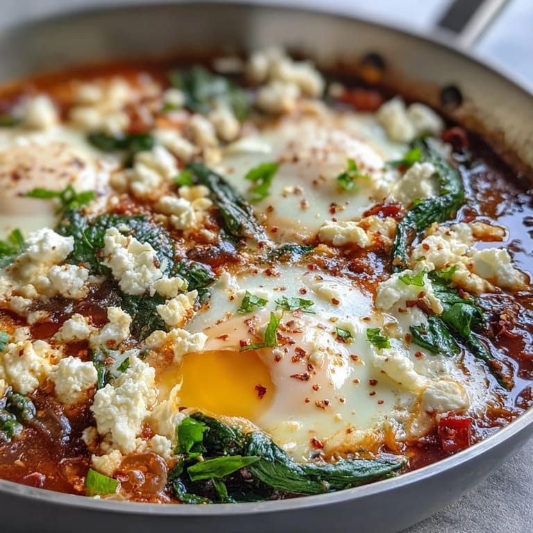 Creamy feta and wilted spinach enrich this easy vegetarian shakshuka, perfect for a hearty brunch.  