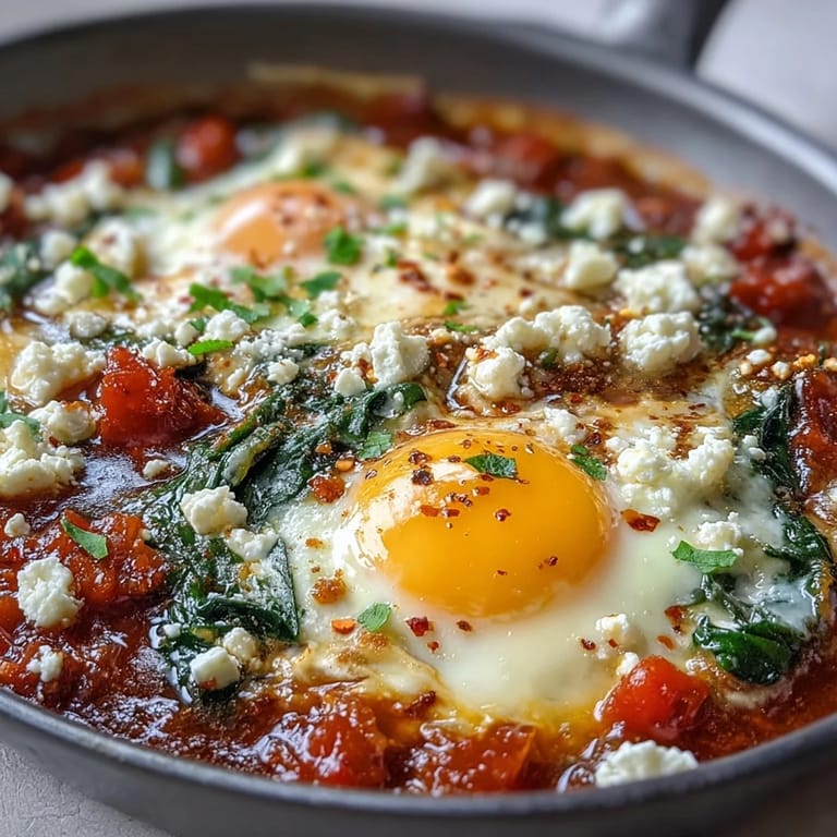 Aromatic cumin and paprika flavor this colorful Spinach and Feta Shakshuka, served with crusty bread for dipping.