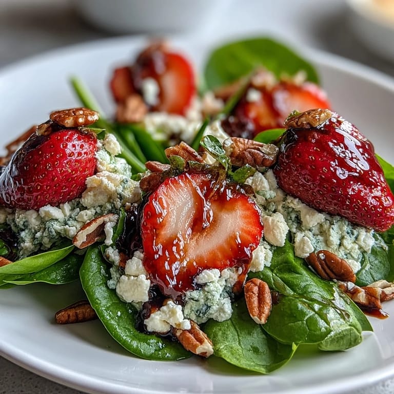Vibrant spring salad featuring juicy strawberries, tender baby spinach, and crunchy toasted pecans.  