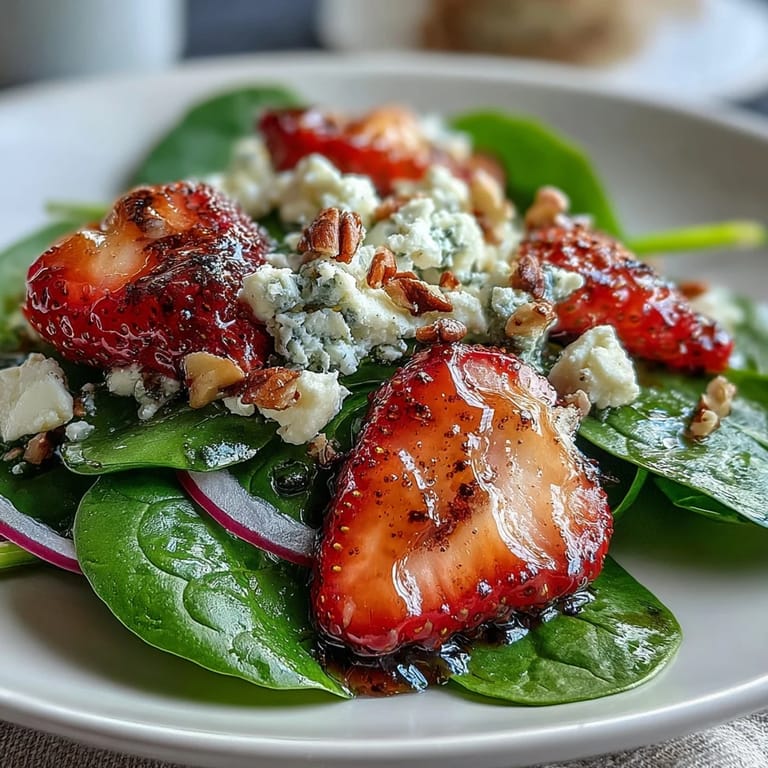 Sweet and tangy strawberry spinach salad topped with crumbled goat cheese and balsamic dressing.