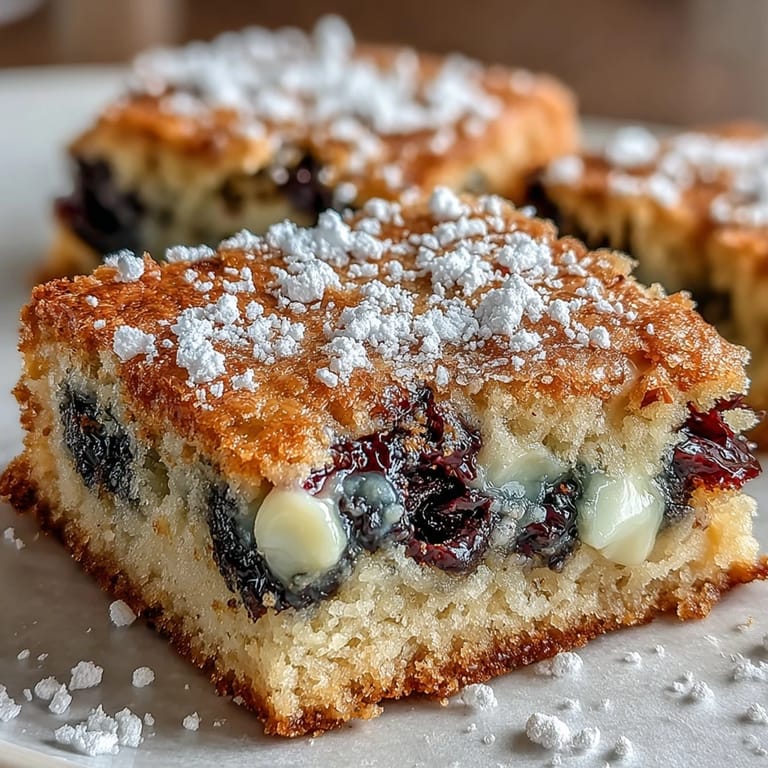 Luscious blondie bars bursting with juicy blueberries, creamy white chocolate, and bright lemon zest in every bite.