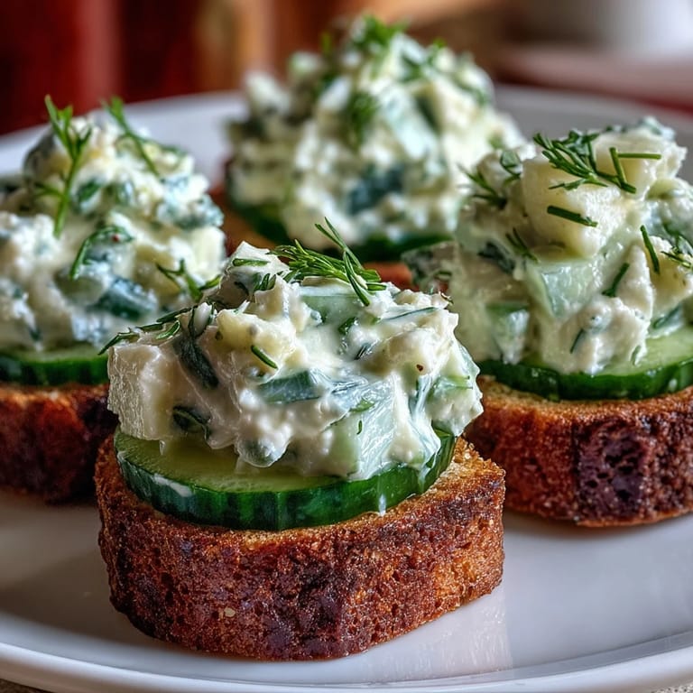 Elegant Benedictine cucumber canapés arranged on a platter, featuring smooth cream cheese spread with dill accents and crisp cucumber rounds.