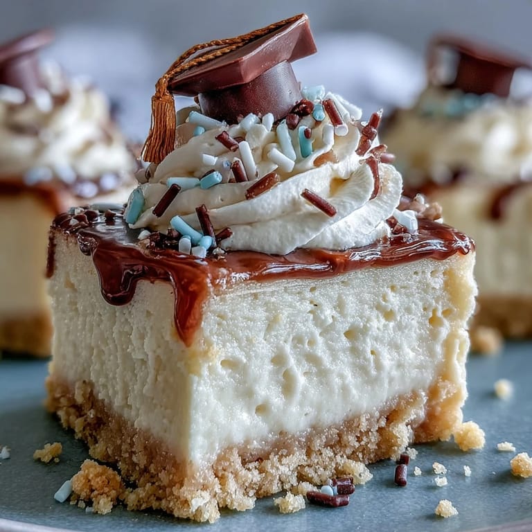 Mini cheesecake bites featuring smooth vanilla filling on a crisp graham base, garnished with fresh berries and graduation-themed decorations.