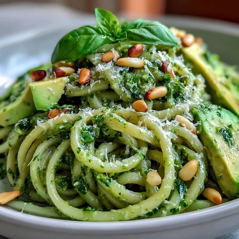 Vibrant green avocado pesto coats linguine pasta, topped with pine nuts and fresh basil leaves.  
