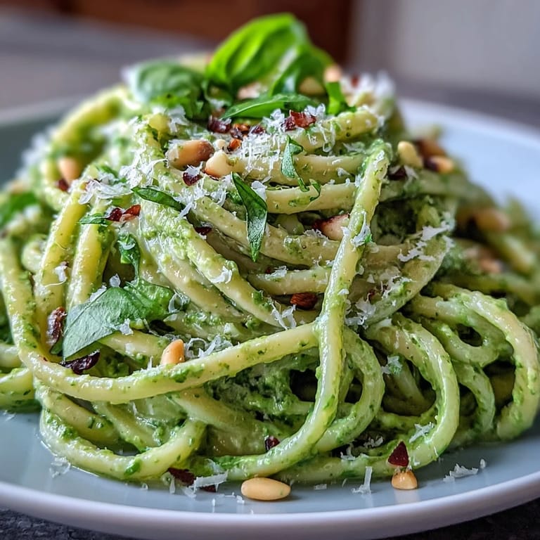 No-cook avocado basil pesto pasta with creamy texture, garnished with Parmesan and lemon zest for brightness.