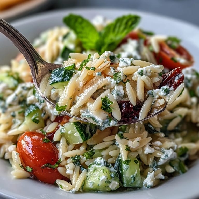 Creamy feta crumbles and crisp cucumber mingle with tender orzo pasta in a bright, zesty lemon dressing for a refreshing Mediterranean salad.  