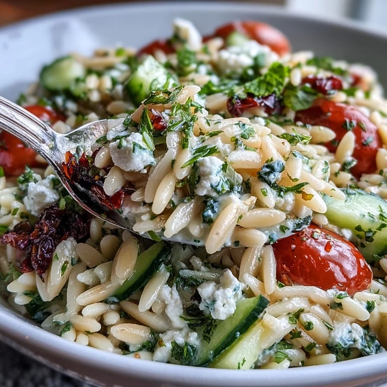 Colorful Mediterranean orzo salad with feta, cucumber, and lemon dressing served in a white bowl, perfect for a light lunch or side dish.