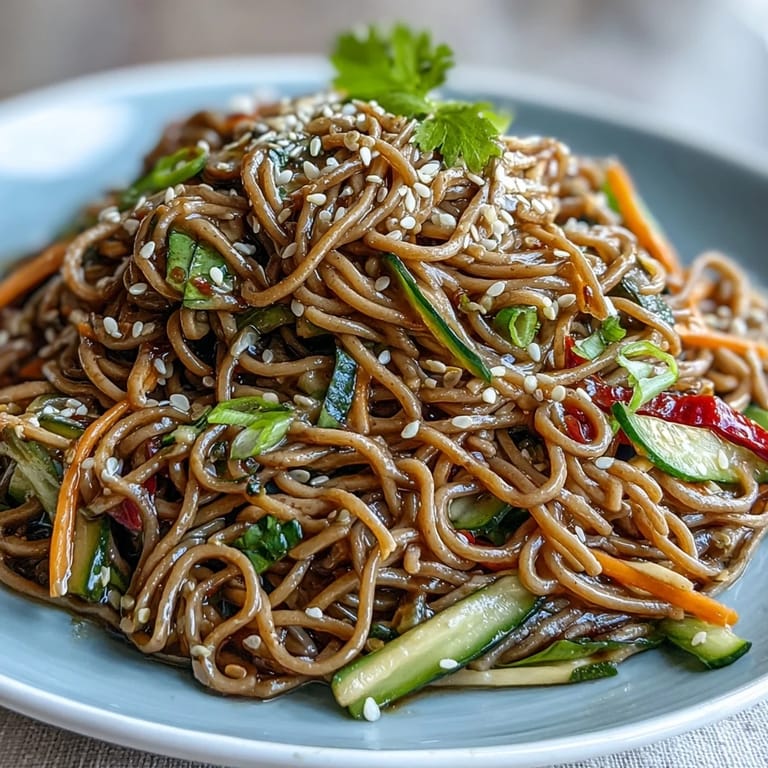 Refreshing cold soba noodle salad featuring crunchy veggies, zesty sesame ginger dressing, and a sprinkle of toasted sesame seeds for texture.