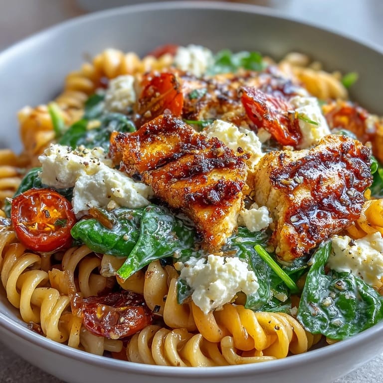 Creamy cottage cheese pasta bowl topped with tender grilled chicken and sautéed spinach, a protein-rich dinner idea.  