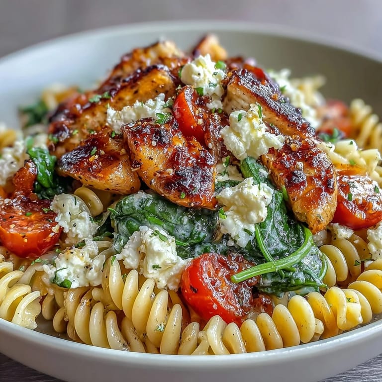 Wholesome pasta bowl featuring cottage cheese, grilled chicken, and fresh spinach, ideal for a balanced, high-protein lunch.