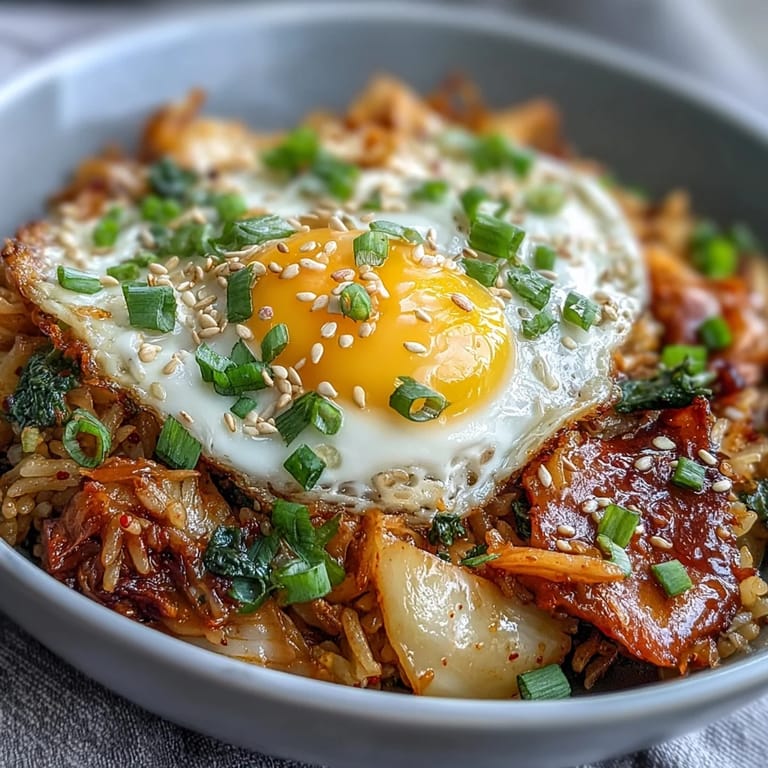 Spicy Korean kimchi fried rice featuring napa cabbage, green onions, and a perfectly runny egg on top.  