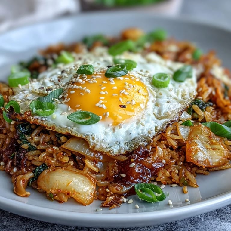 Vibrant kimchi cabbage fried rice with sesame seeds and green onions, showcasing bold Korean flavors.