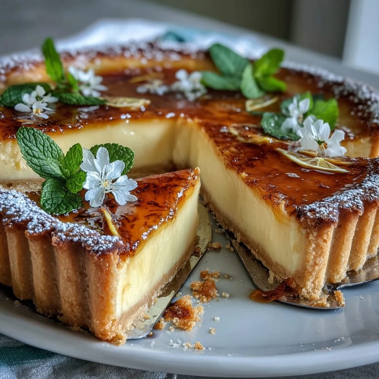 Silky homemade lemon curd nestled in crisp tart shell, decorated with fresh edible flowers and mint.