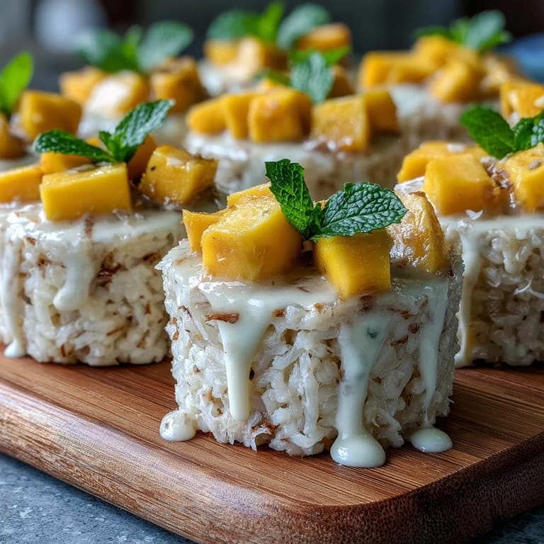 Individual Coconut Mango Sticky Rice Cups featuring sweet, creamy rice and vibrant mangoes.
