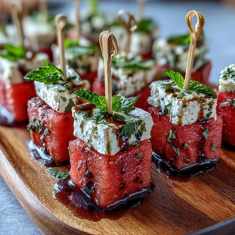Vibrant skewers showcasing watermelon feta bites with fresh mint.