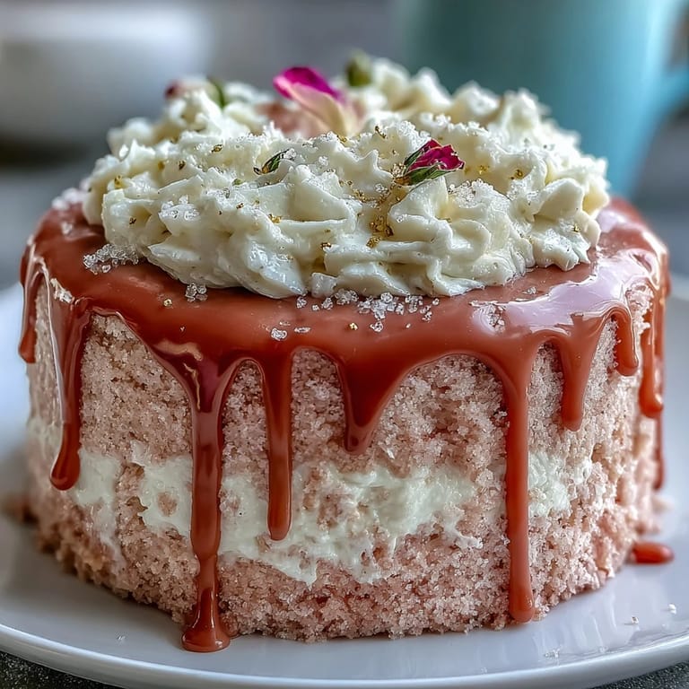 Elegant Rosé Velvet Cake with a flowing gold drip, perfect for celebrations.