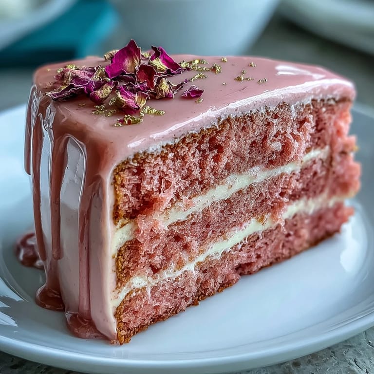 Stunning Rosé Velvet Cake, perfect for celebrations with beautiful gold drip details.