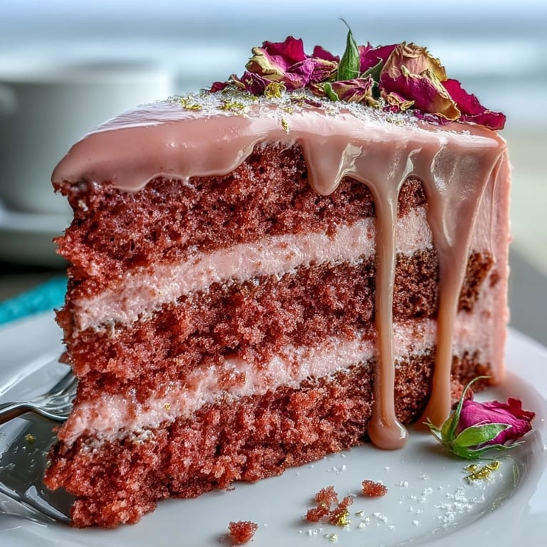 Decadent pink velvet cake with rosé, featuring a luxurious edible gold drip.