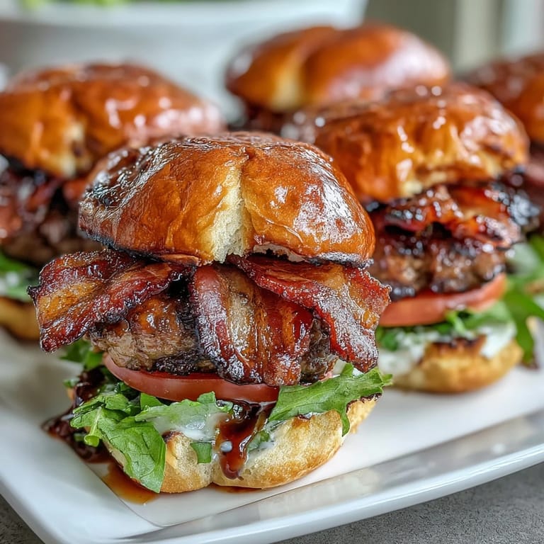 Miniature bacon cheeseburgers sizzling hot off the grill, perfect for a family cookout.