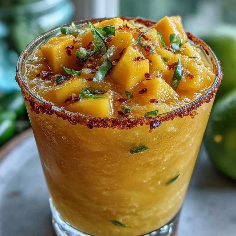 Enjoy this sweet and spicy mango margarita slushie, perfect for any festive occasion.