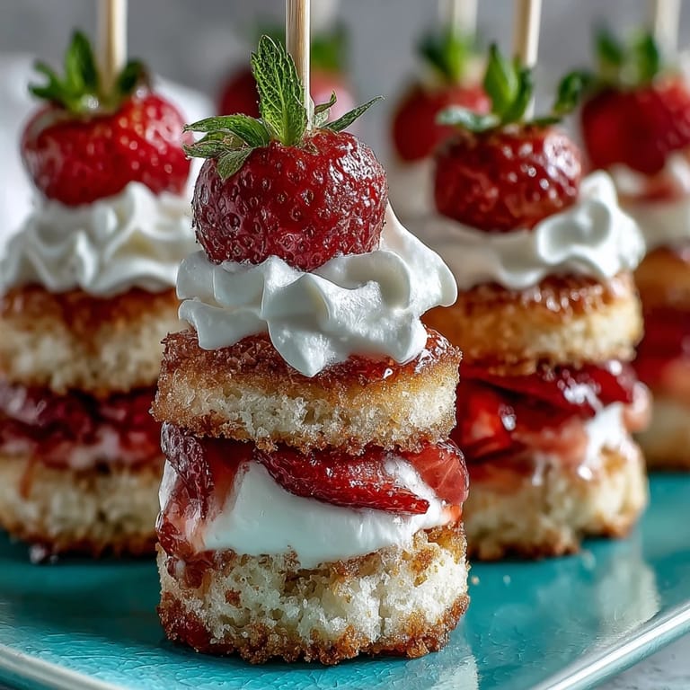Colorful, bite-sized strawberry shortcake skewers ready for your next summer gathering.