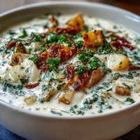 Velvety Creamy Potato Soup with Cabbage ladled into a white bowl, garnished with fresh parsley. 