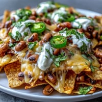 Golden baked Black-Eyed Pea Nachos topped with melted cheddar, sour cream, jalapeños, and fresh cilantro on a platter.