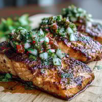 Grilled salmon fillet topped with bright strawberry salsa, fresh cilantro, and a squeeze of lime for a colorful spring dinner.