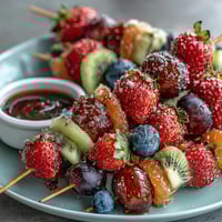 Fun kid lunch bento box with fruit skewers and dip, arranged in a colorful, playful lunch container for school or picnics.  