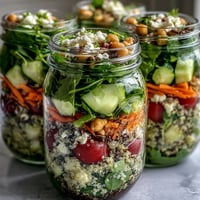 Layered mason jar salads with spinach, chickpeas, quinoa, and cherry tomatoes for healthy meal prep.