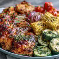 Juicy roasted chicken, sweet corn, and tender zucchini create a colorful one-pan dinner with fresh herbs.  