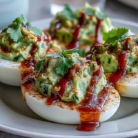 Creamy avocado deviled eggs topped with spicy Sriracha drizzle, garnished with fresh cilantro and paprika.