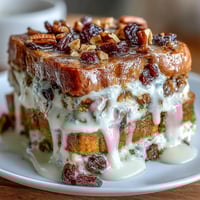 Warm, comforting Mexican bread pudding with toasted bread, cinnamon syrup, raisins, and melted cheese in a golden-baked dish.