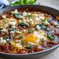 Vibrant Spinach and Feta Shakshuka with poached eggs in spiced tomato sauce, garnished with fresh herbs.  