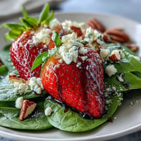Fresh strawberry spinach salad with creamy goat cheese, toasted nuts, and balsamic vinaigrette.  