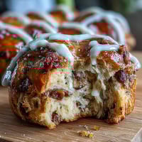 Soft homemade hot cross buns with cinnamon, nutmeg, and juicy raisins, topped with a classic white cross for Easter brunch.