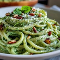 Creamy avocado pesto pasta with fresh basil and Parmesan, no-cook sauce served in a white bowl with lemon zest.  