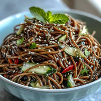 Cold soba noodle salad with sesame ginger dressing, tossed with crisp julienned vegetables and garnished with fresh cilantro and sesame seeds.  