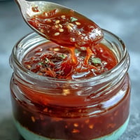 A vibrant jar of homemade fermented hot sauce with red chili peppers and garlic, showcasing the tangy depth of a week-long fermentation.
