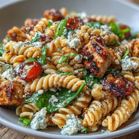 High protein pasta bowl with grilled chicken, cottage cheese, and spinach, perfect for a nourishing meal.  