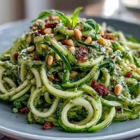 A vibrant bowl of Zucchini Noodles with Avocado Pesto, glistening and fresh.