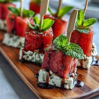 Bright watermelon feta bites on toothpicks, a refreshing summer appetizer.