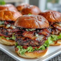 Juicy Father's Day grilled bacon burger sliders bursting with melted cheese on toasted buns.